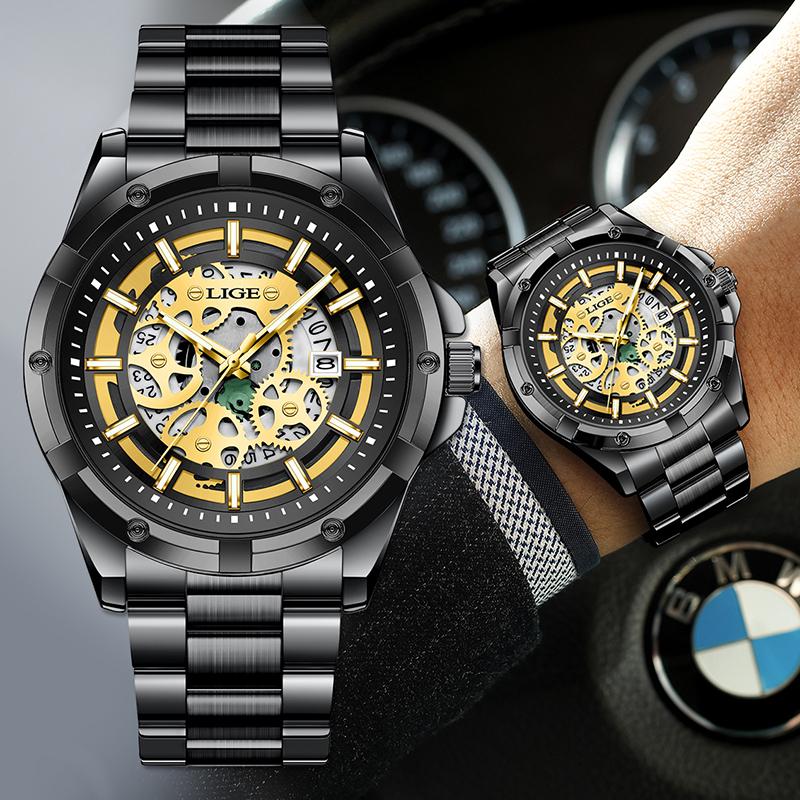 Reloj de Cuarzo para Hombre Negro Esqueleto Hueco Resistente al Agua Reloj para Hombre Deportes al Aire Libre Luminoso Fecha Reloj Masculino Relogios Masculino