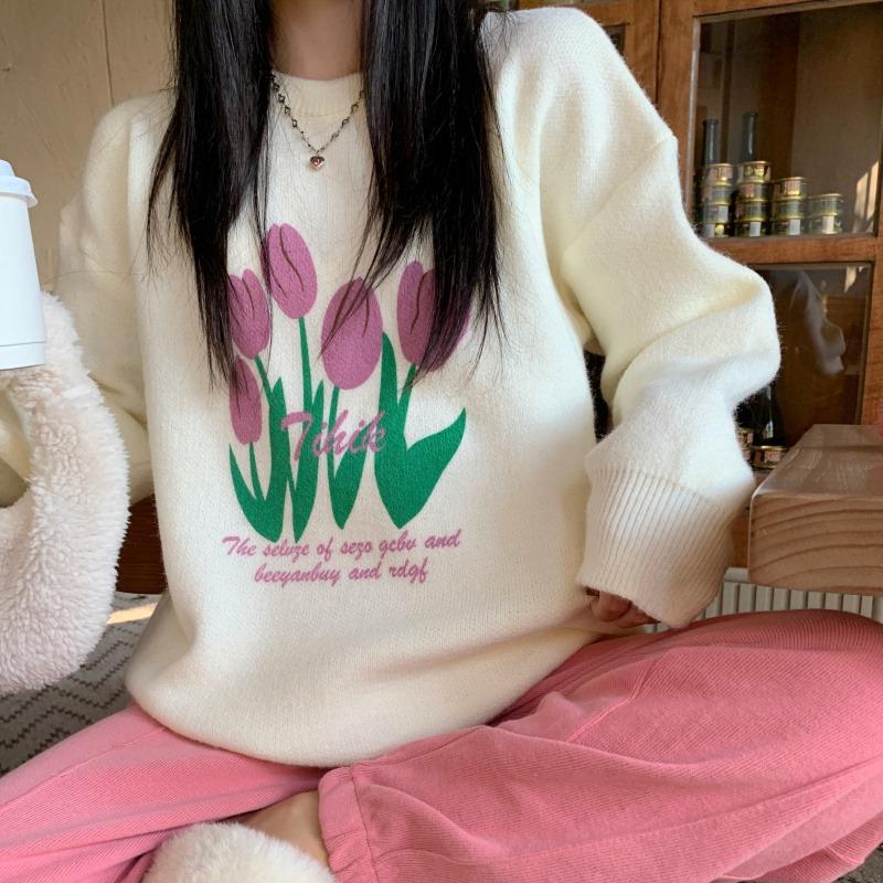 

хараюку цветочный принт круглый вырез мягкий свитер осень зима повседневный свободный вязаный свитер топ для женщин белый базовый пуловер One Size