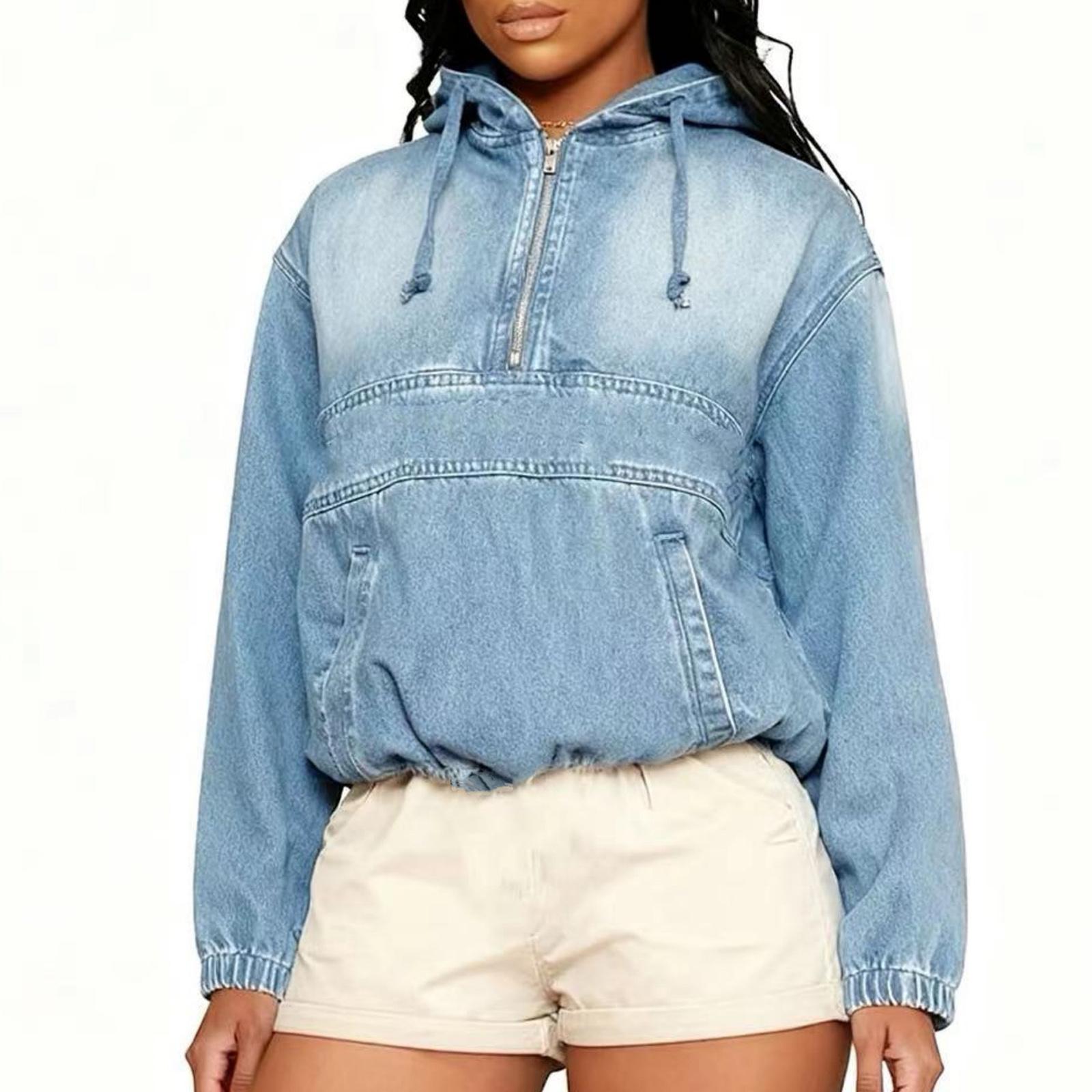 

Женский модный повседневный джинсовый топ с капюшоном на молнии M