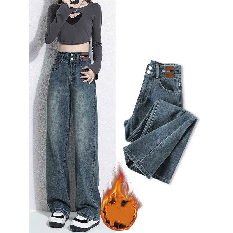 Woman Korean Double Buckle Design Jeans Female Winter Snow Warm Thermal Plush Pants Girls Popular High Waist Denim Trousers