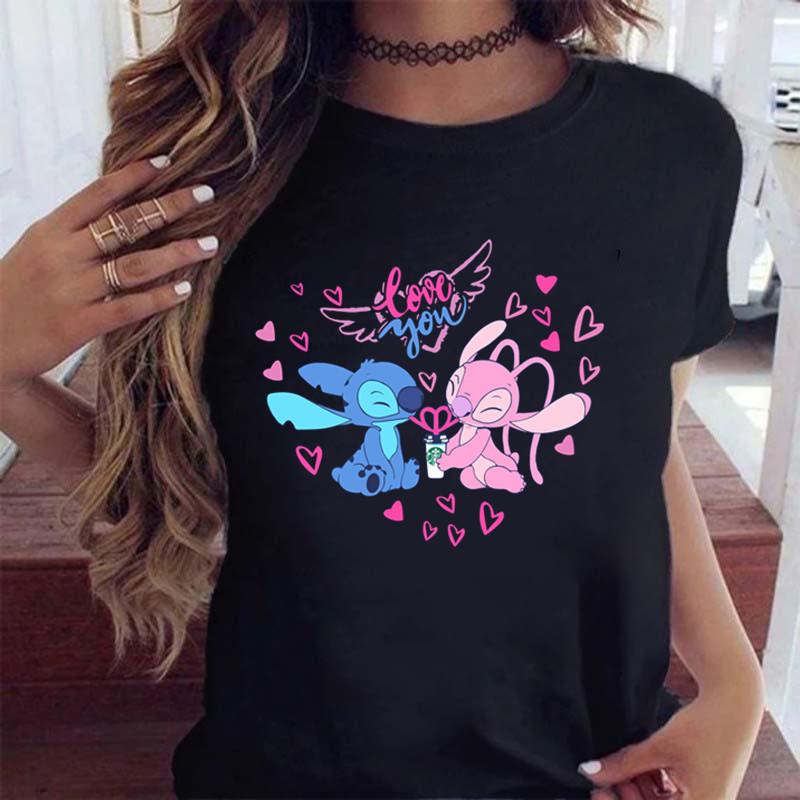 New Fashion Female Clothing Cartoon Disney Stitch Women's T-shirt Summer Short Sleeve Black Tops