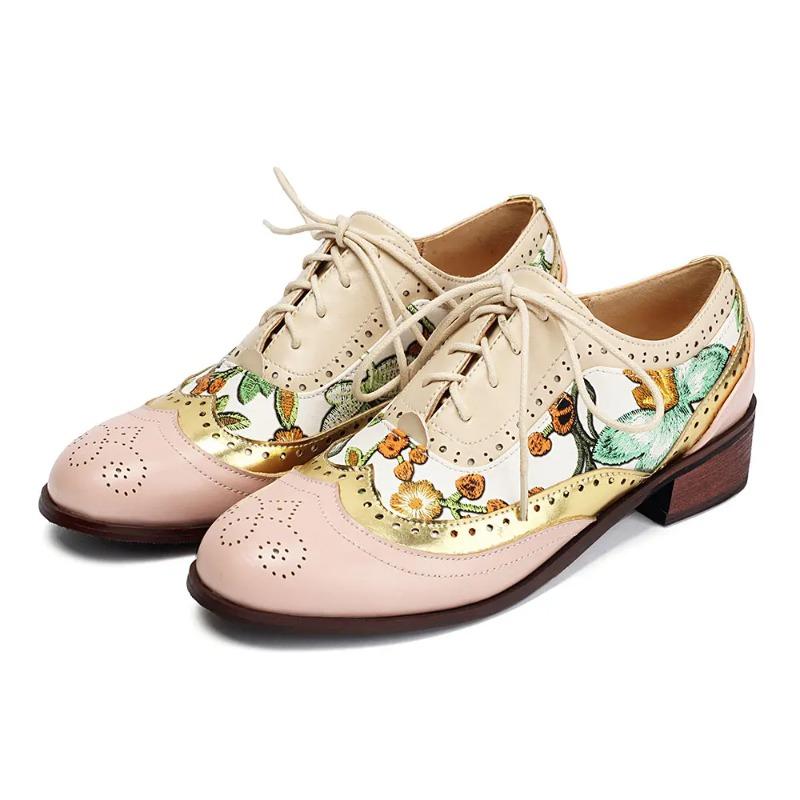 Big Size 43 Women's Vintage Shoes Square Mid Heel Lace-up Retro Floral Print Patchwork Office Lady Casual Shoes