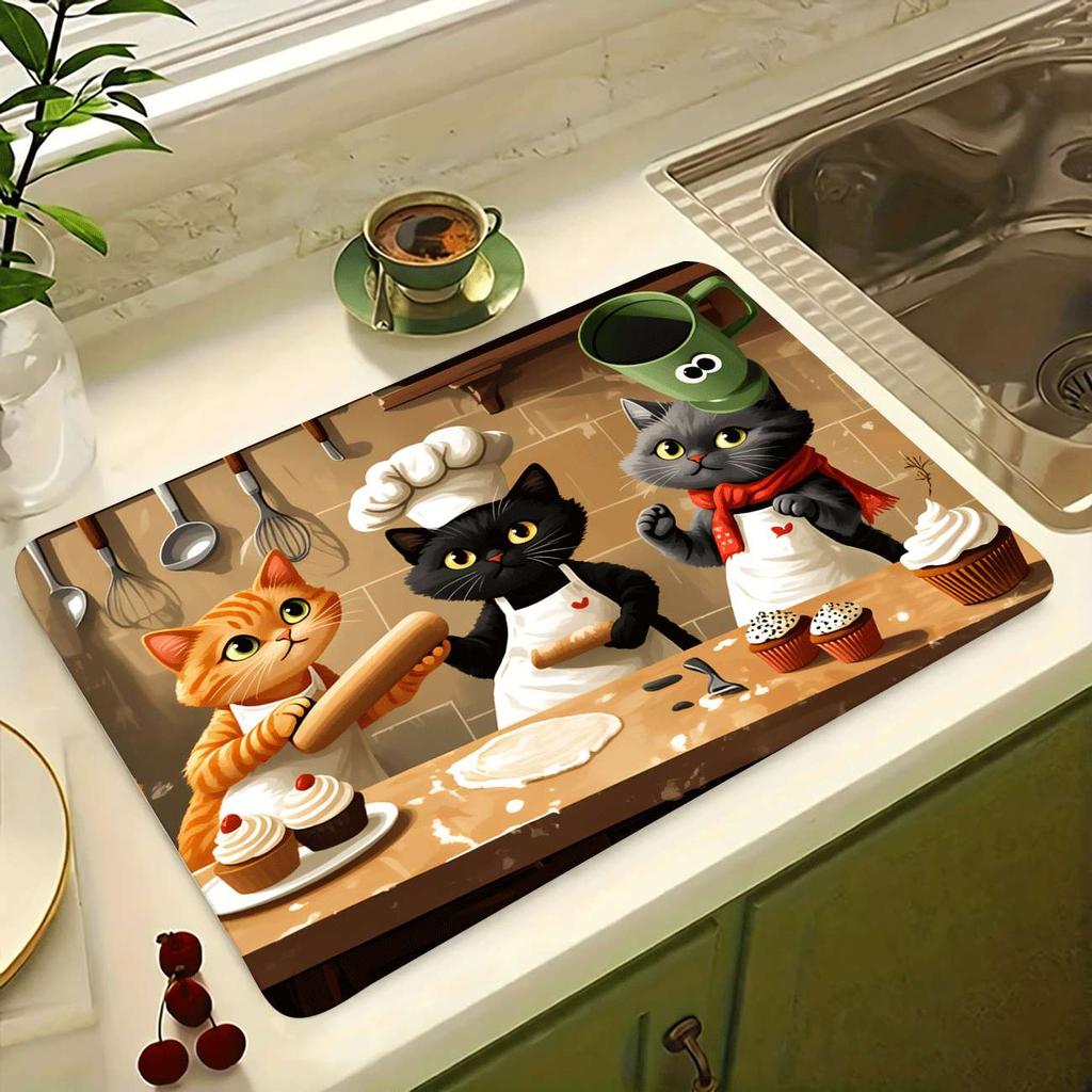 1 Stück Gummi-Trockenmatte mit Katzen-Backdruck für Café, Restaurant, Küche, Teppich, Geschirr, Langlebige Diatomeenerde-Tischmatte, Haustiermatte, Kaffeegeschirr