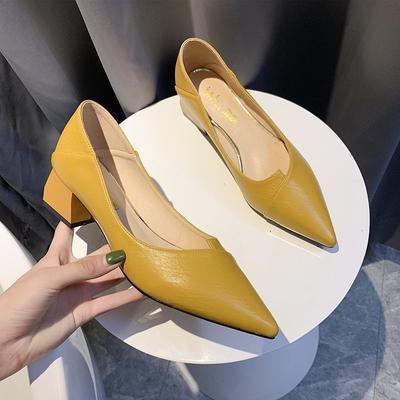 2025 Autumn New Pointed High Heels Women's Daily Artificial PU Shallow Mouth Cuff Thick Heel Single Shoes Women