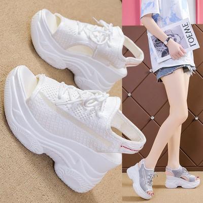 Zomer Nieuwe Luxe Dames Schoenen Helling Hak Vis Mond Mesh Sportieve Stijl Sandalen Hoogte Verhogend Dikke Zool Casual Sandalen