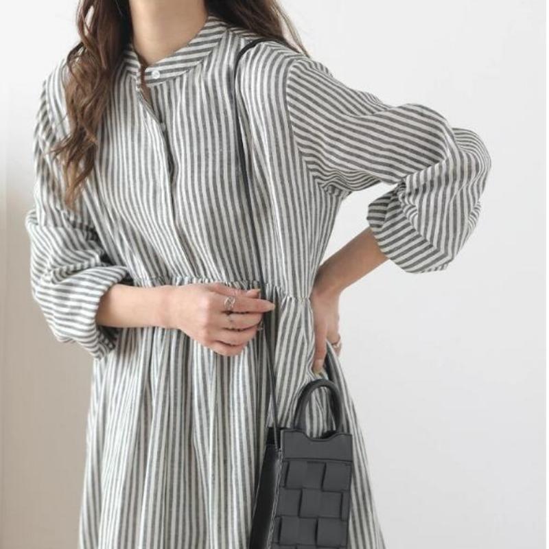 Damen Frühherbst Langarm Gestreift Klein Frisch Einreihig Locker Rundhals Über Knie Kleid