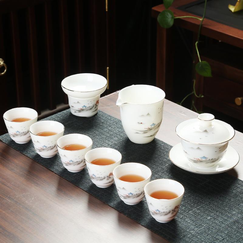 Good value goods suet jade porcelain kung fu tea set business merchandise gifts can be done
