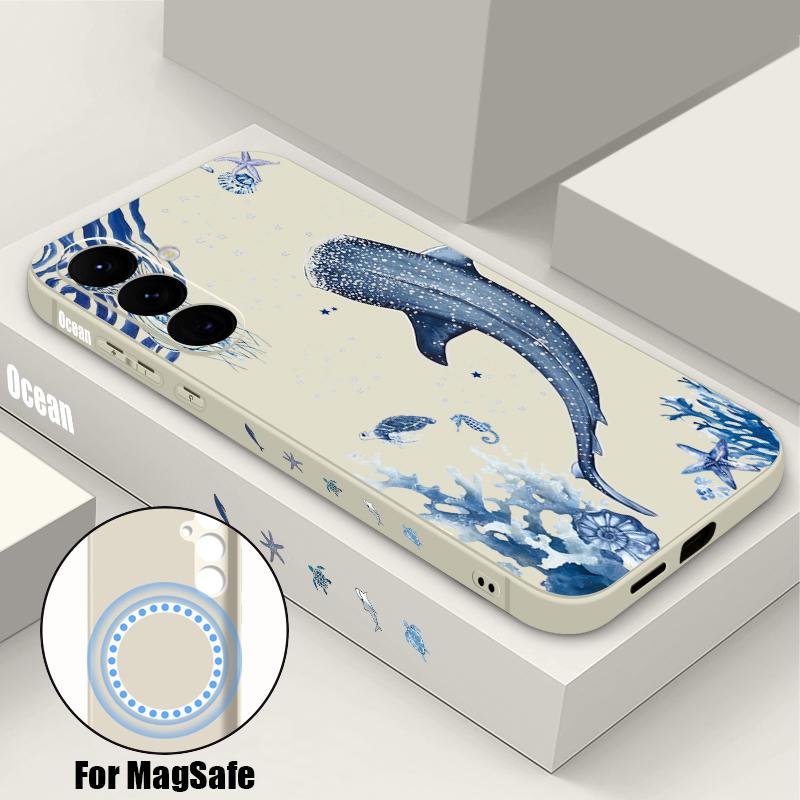 Grid Seaside Whale Print Case For Samsung Galaxy S26 Ultra S25 FE S24 S23 S22 Plus S21 FE Built-in Metal Plate Magnetic Silicone Cover