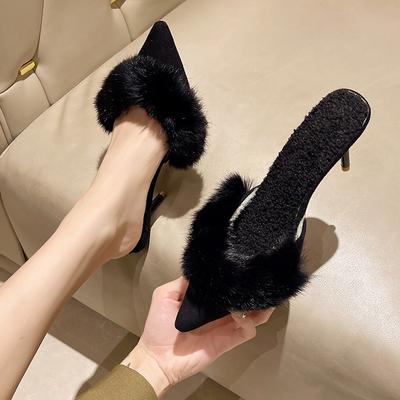 Halbschuhe Baotou neue Damen-Muller High Heels vielseitige Damenschuhe tragen dünne Absätze flauschige Hausschuhe spitze Damen