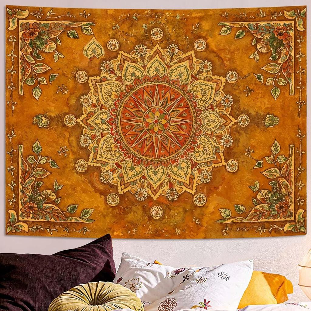 Aesthetic Boho Mandala Tapestry, Vintage Orange Floral Wall Hanging, Ethnic Bohemian Tapestry For Bedroom Living Room Dorm