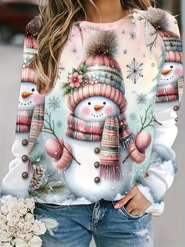 Daily Casual Outfits for Autumn and Winter Women's Round Neck Long Sleeve Christmas Elements Digital Printed Sweatshirt Circle