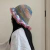 1Pc Women's Vintage Bucket Hat with Ruffle Edge,Autumn and Winter Rainbow Stripe Oil Painting Printing Caps for Streetwear,party