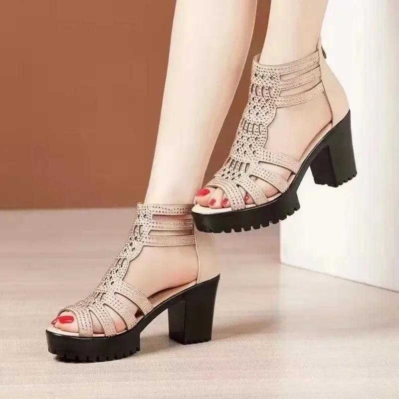 Fashion Summer Women's High Heel Shoes Rome Women's Peep Toe Platform Chunky Heel Gladiator Sandals Outdoor Zip Dress Party Heeled Shoes