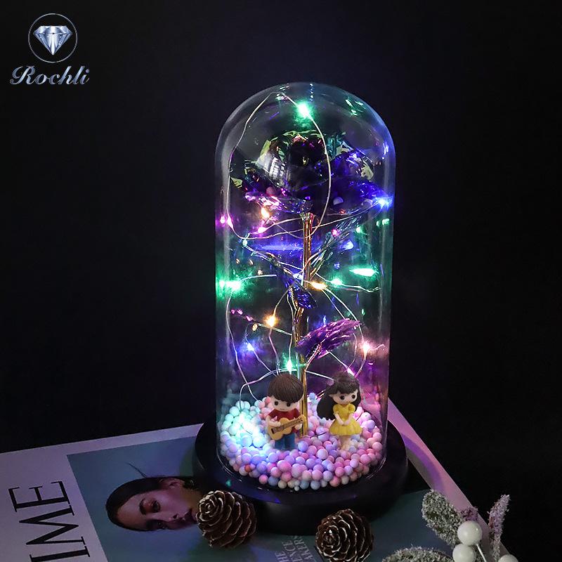 Rose Flower Preserved in Glass Dome with Night Light - Mother's Day or Birthday Gift Ornament