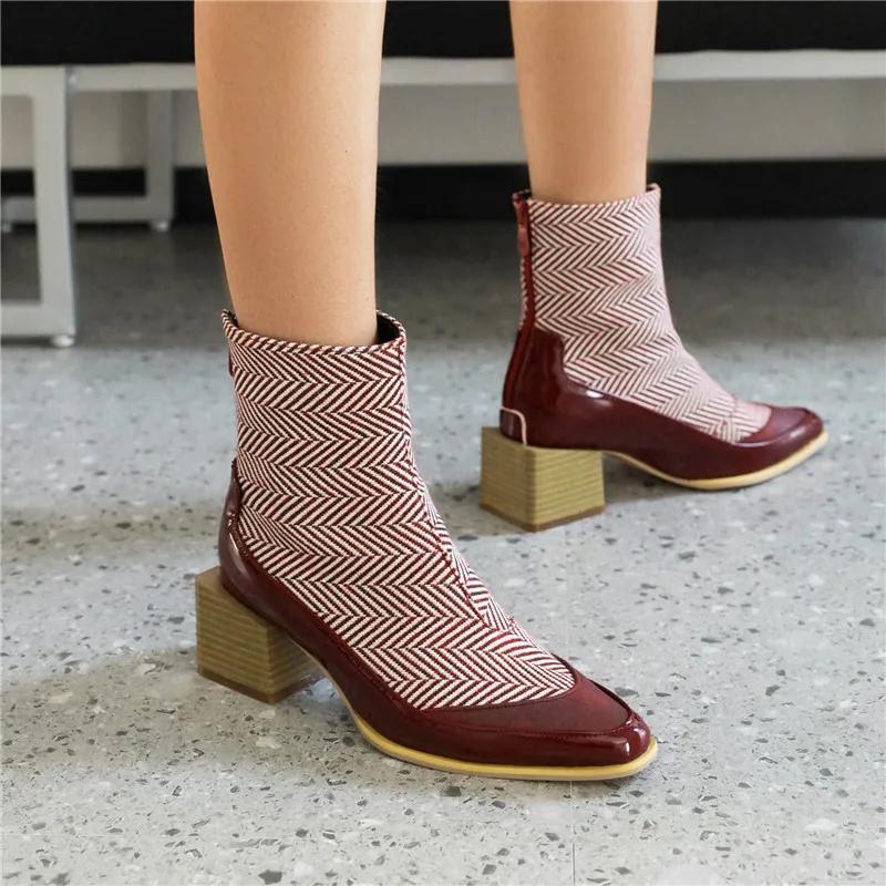 Stylish Women's Square Toe Denim Ankle Boots High Block Wooden Heels Winter Autumn Big Size Ladies Blue Jeans Zipper Short Boots