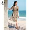 Jiuzi Anna Kou Romantic Holiday Plant Printed Chiffon Wrap Waist Dress