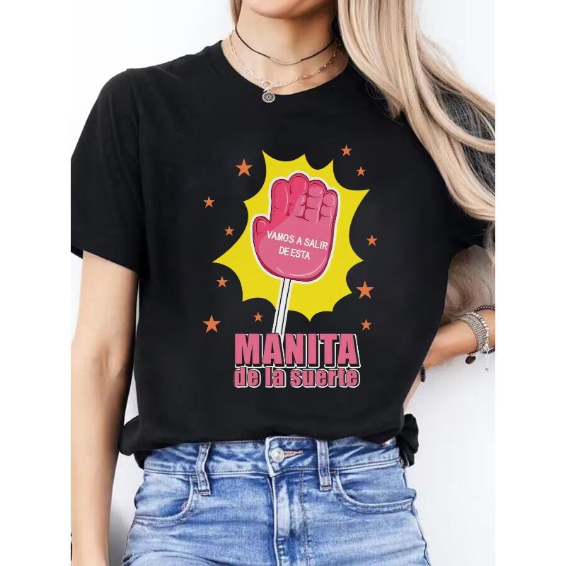 

Women S Round Neck Short Sleeve Sports T-Shirt with Spanish Letter Print for Spring And Summer Casual Wear S чёрный