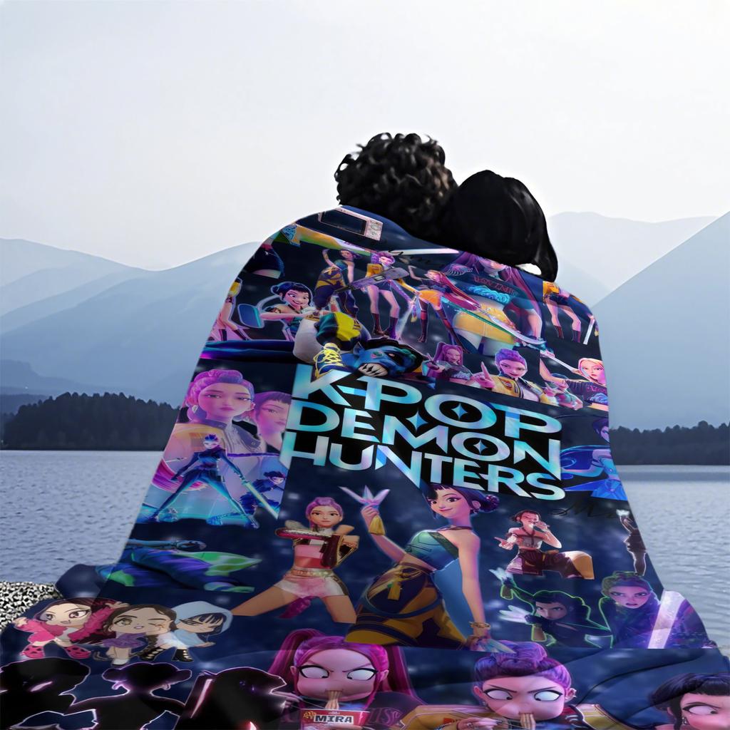 HUNTRIX KPOP Demon Hunters Anime Blanket Cover Flannel Throw Blankets Airplane Travel Portable Ultra-Soft Warm Sleeping Blanket