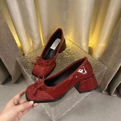 Damenschuhe Rot Eckige Zehenpartie Damen Pumps Blockabsatz mit Schleife Schuh Elegant Kleid im Angebot Schnelle Lieferung Bequem Frühling Y2k
