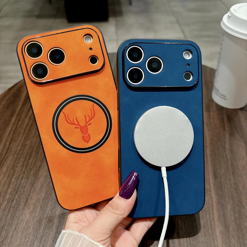 Deer Leather For Magsafe Magnetic Case For iPhone 17 Air 16 16E 15 14 Plus 13 12 11 Pro Max Wireless Charge Shockproof Cover