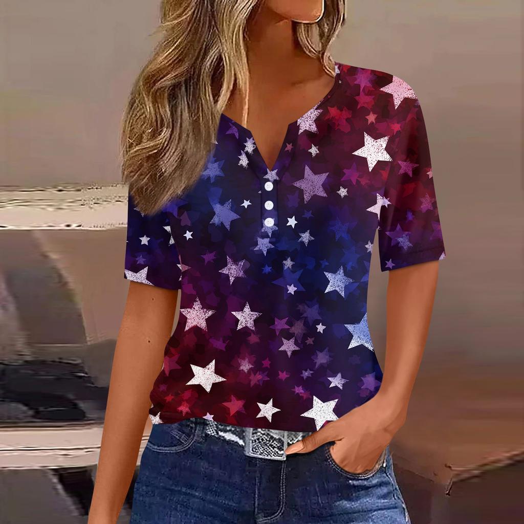 Women's T Shirt Independence Day Print Button Short Sleeve Daily Weekend Fashion Basic V- Neck Regular Top