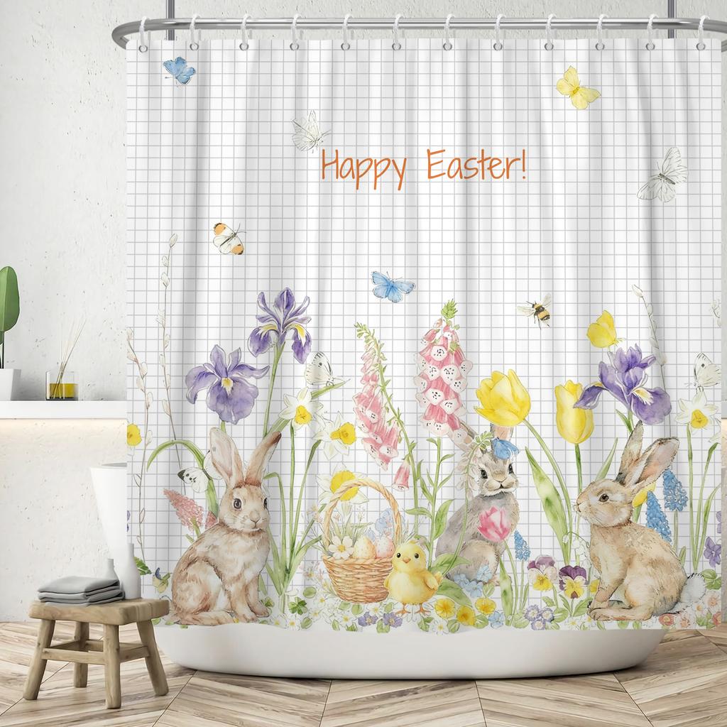 Waterproof Easter Theme Shower Curtain Bunny Easter Eggs Floral Basket Watercolor Check Pattern Design Spring Bathroom Decor