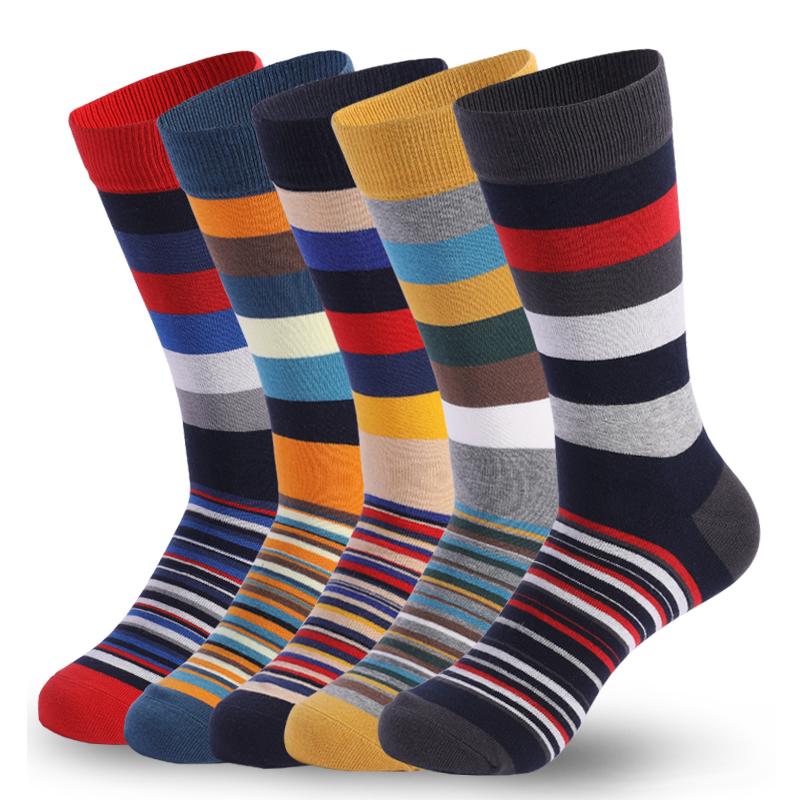 5 Pairs Mens Dress Socks Stripe Plus Size, High Quality Combed Cotton Crew Socks, Business Cool Breathable Casual Socks for Men