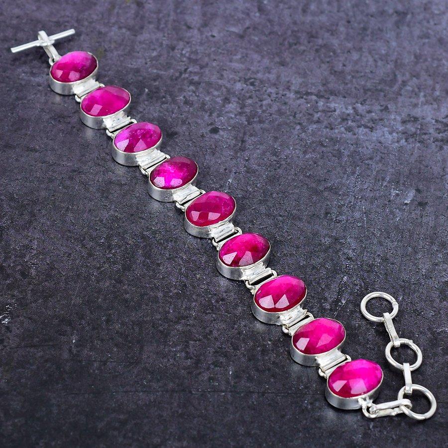 Kashmir Ruby (Simulated) Gemstone 925 Sterling Silver Bracelet 7-8" H9u84