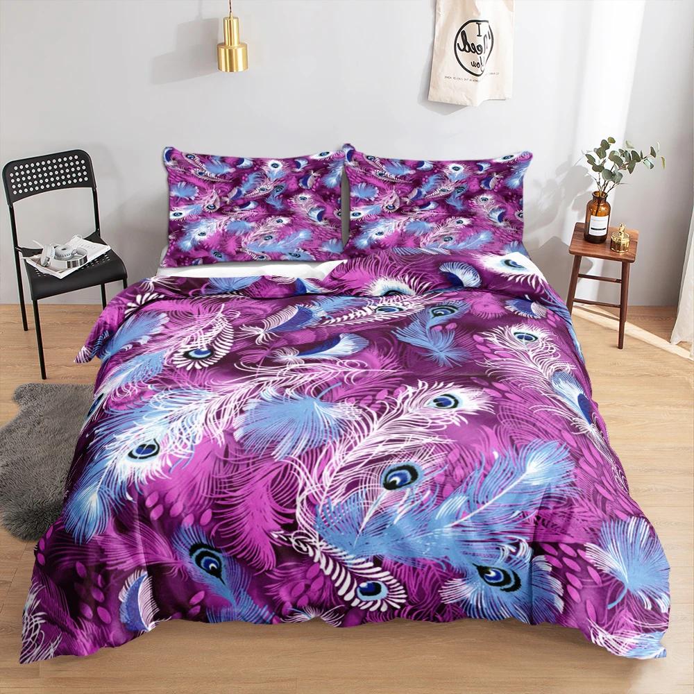 3D Feather King Queen Duvet Cover Blue Bohemian Bird Feather Full Twin Bedding Set Peacock Feather 2/3pcs Polyester Quilt Cover