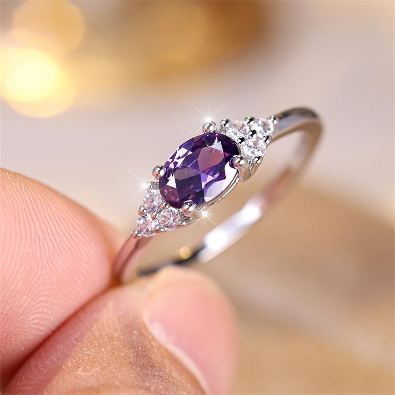 Female Charm Oval Purple White Zircon Minimalist Stacking Thin Rings For Women Party Wedding Bands Mothers Day Jewelry Gifts CZ