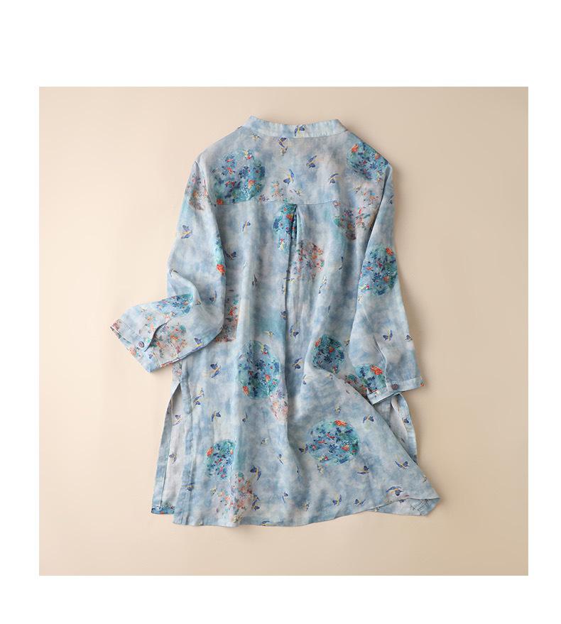 2025 Women's Trendy Loose Nine-Sleeve Printed Ramie Stand Collar Pullover Shirt