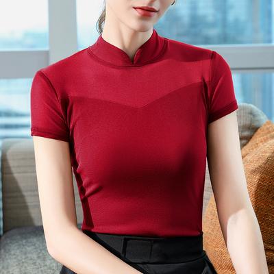 Black Stand-up Collar Short-sleeved T-shirt Women's New Autumn Thin Inner Bottoming Shirt Chic Slim-fit Top