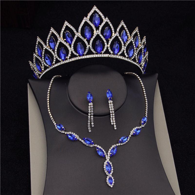 Blue Crystal Bridal Jewelry Sets for Women Fashion Tiaras Wedding Dress Crown Necklaces Earring Set Bride Jewelrry Accessories