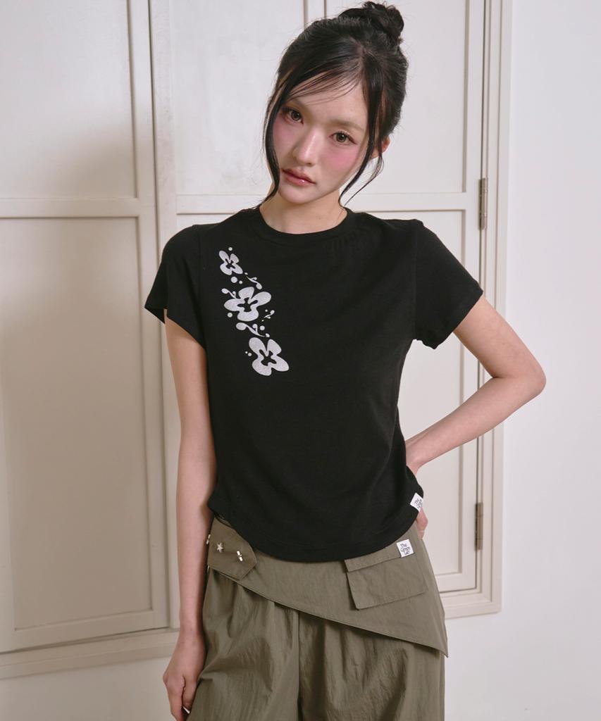 THE GREEN LAB Flower Essential Crop Short Sleeve Tee [Black]