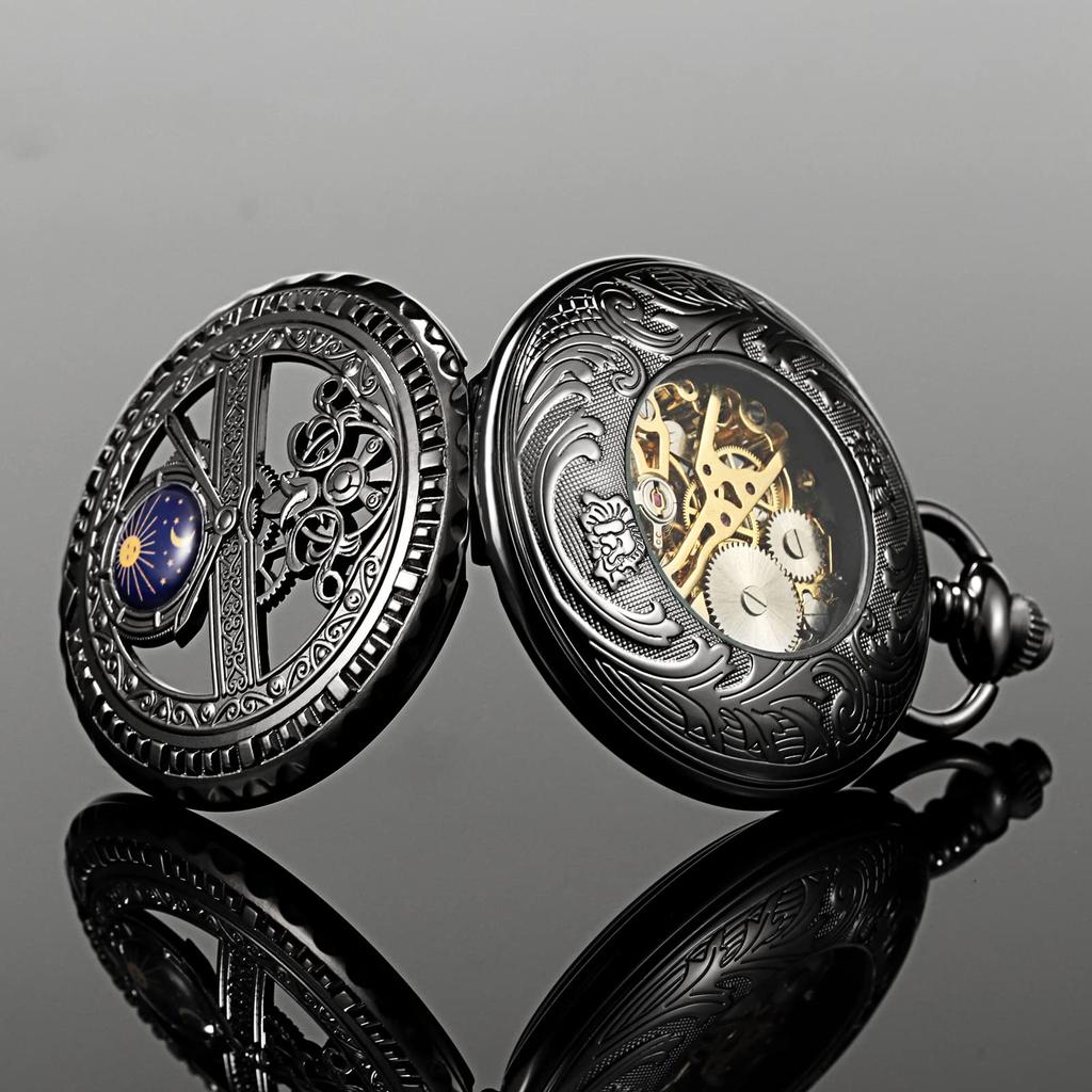 TREEWETO Mechanical Pocket Roman Moon and Sun with Chain and Gift Watch, Black, Numerals, Design, Box.