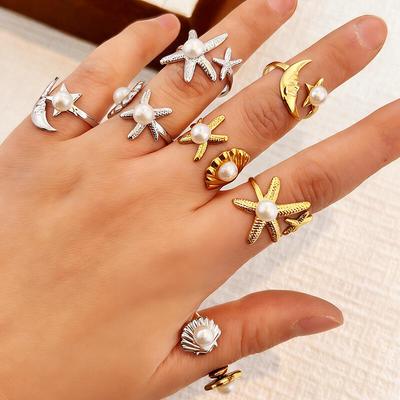 Stainless Steel Starfish Shell Ring for Women Retro Imitation Pearl Opening Rings Ladies Seaside Vacation Jewelry Accessories