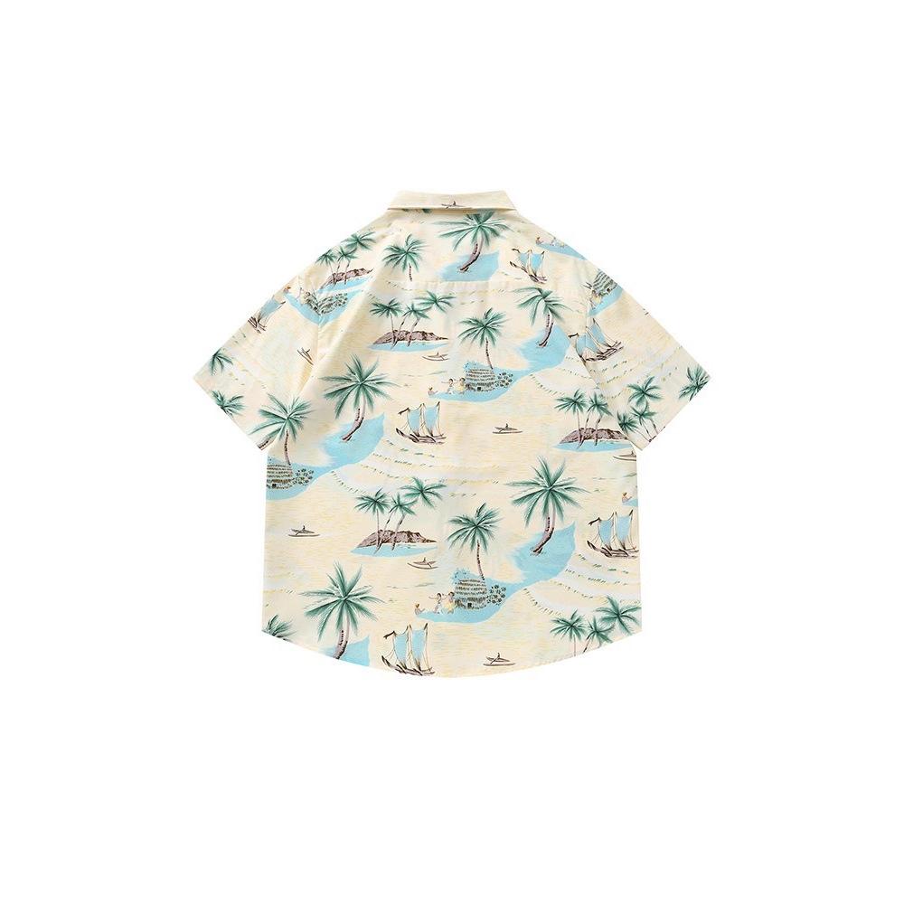 Coconut Tree Beach Hawaiian Shirt for Men, Loose Casual Vacation Style Short Sleeve Shirt