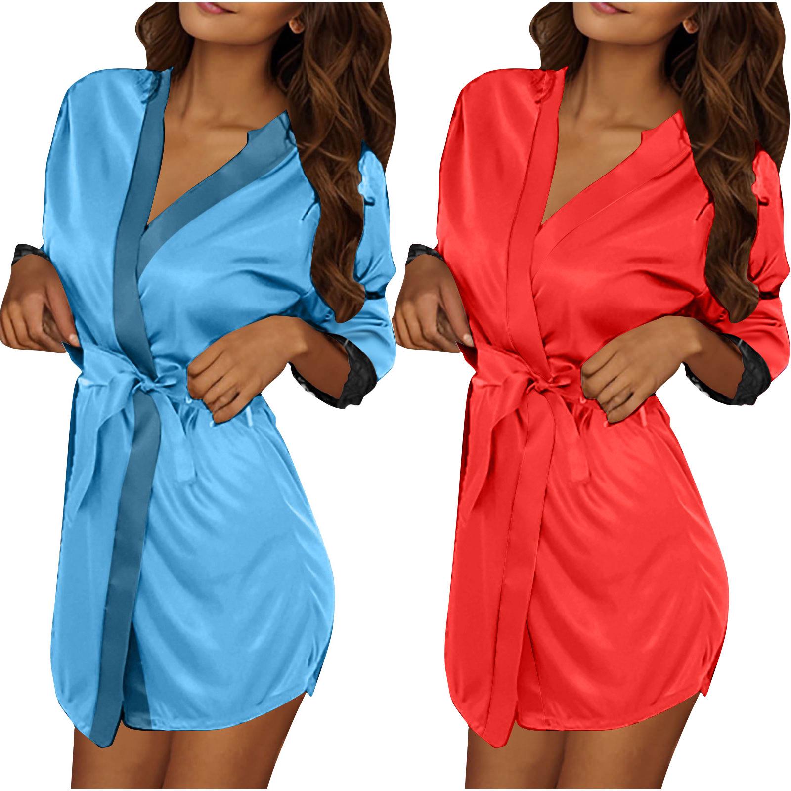 

Європейський та американський стиль Сексуальний крижаний шовк Великого розміру Жіночий халат з довгим рукавом Піжама One Size червоний/синій