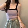 Sommer Damen Schwarz Kontrastfarbe Geripptes Strick Cami Crop Top
