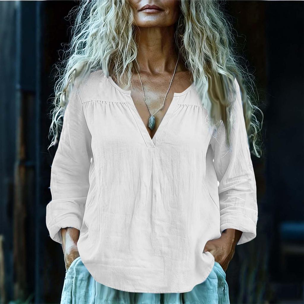 Women's Fashion Loose-Fit Long-Sleeve V-Neck Pullover Shirt Cotton-Linen Blend Top