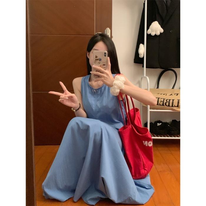 

French holiday style temperament blue vest dress women s summer new design feeling waist thin a word long dress XL синій