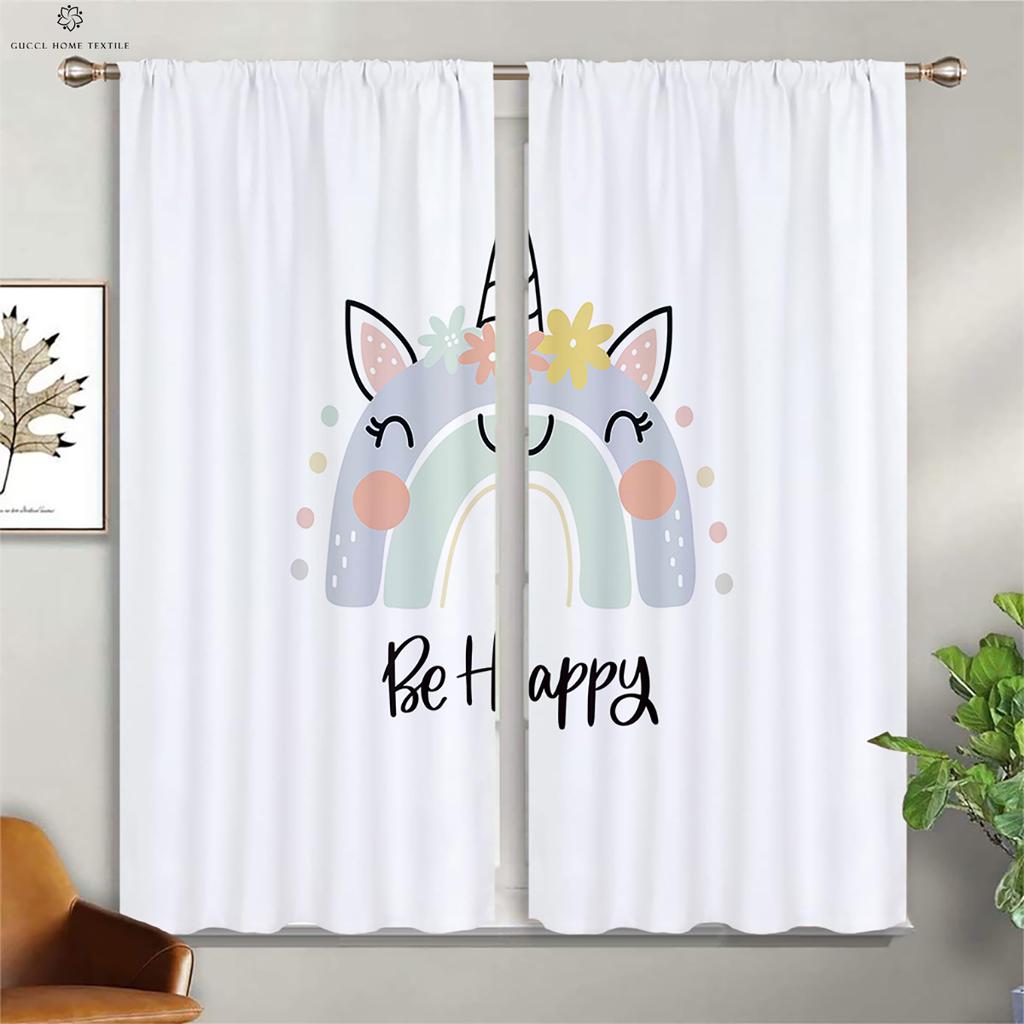 Animated Cartoon Unicorn Eyelash Curtains, Pink Floral Cute Pattern, Girl Room, Living Room, Study Window Decoration, 2Pcs