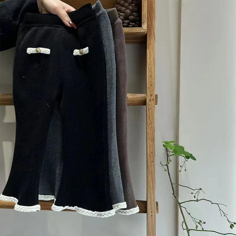 Girls' Autumn Winter Fleece Lined Outerwear Leggings Korean Stylish Flared Pants Kids Babies