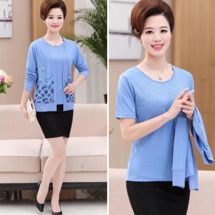 2PCS Spring/SummerAutumn Women's Knitted Cardigan Sweater + Short Sleeve Knitted T-Shirt Two Piece Set Plus Size Open-front Knitted Jacket