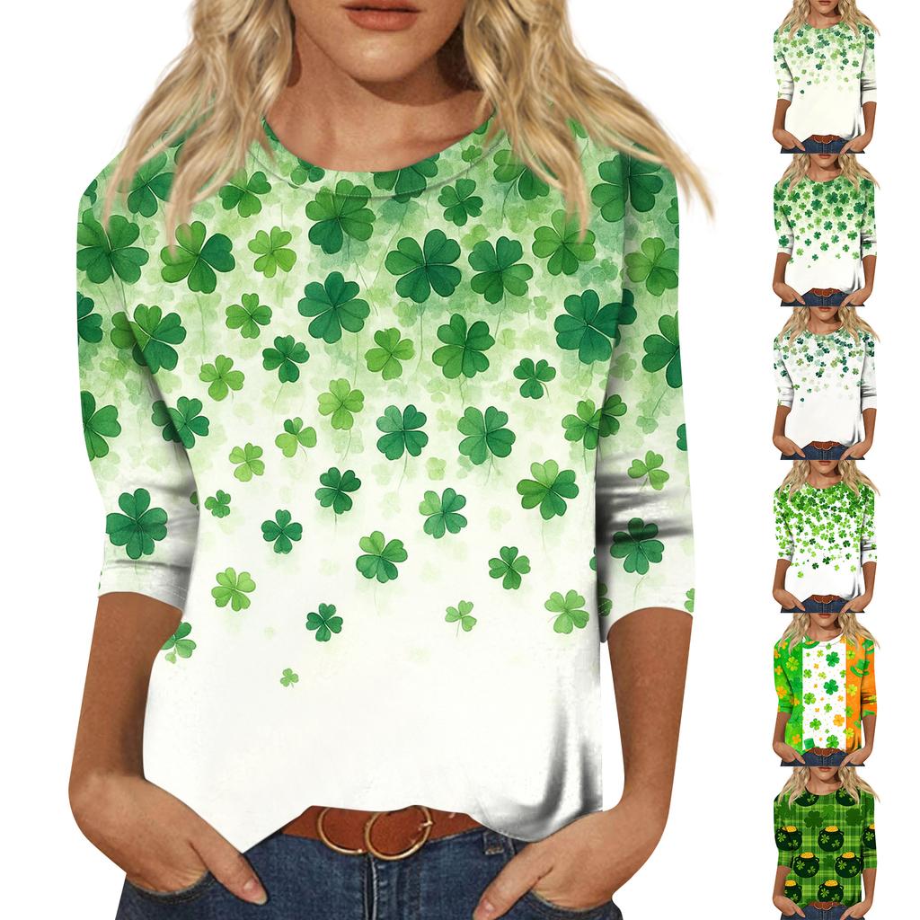 Women's Fashionable Casual Three-quarter Sleeve  Printed Round Neck Top