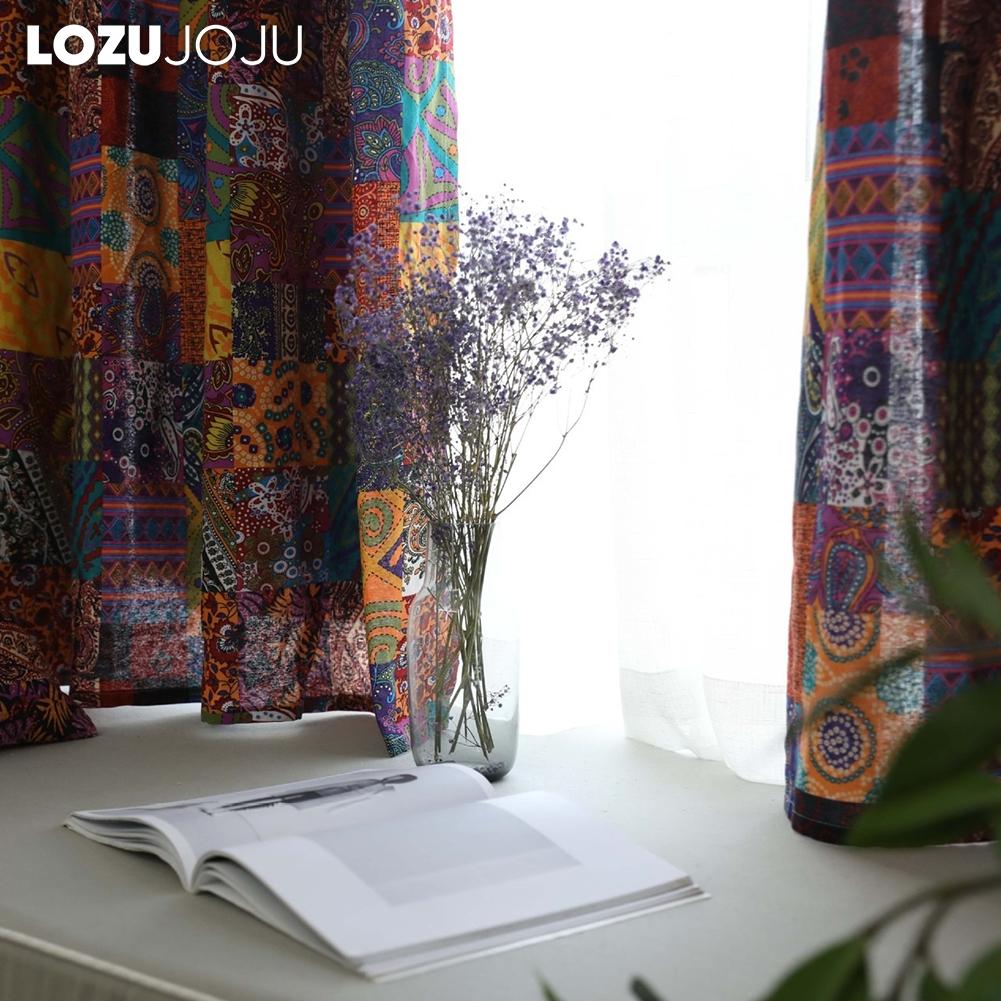1PC LOZUJOJU Bohemian Retro Ethnic Style Cotton Linen Printed Semi Blackout Curtains for Small Window Kitchen Bedroom Living Room Balcony Home Decor