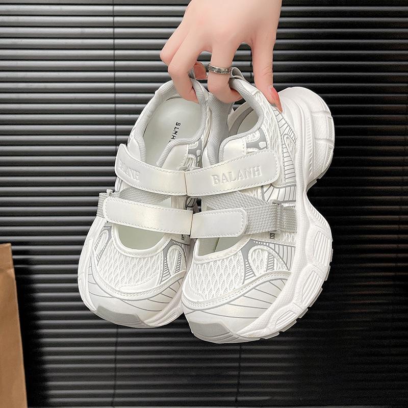 Leather hollow dad shoes women's 2025 new summer mesh breathable sports sandals versatile height increase casual shoes trend