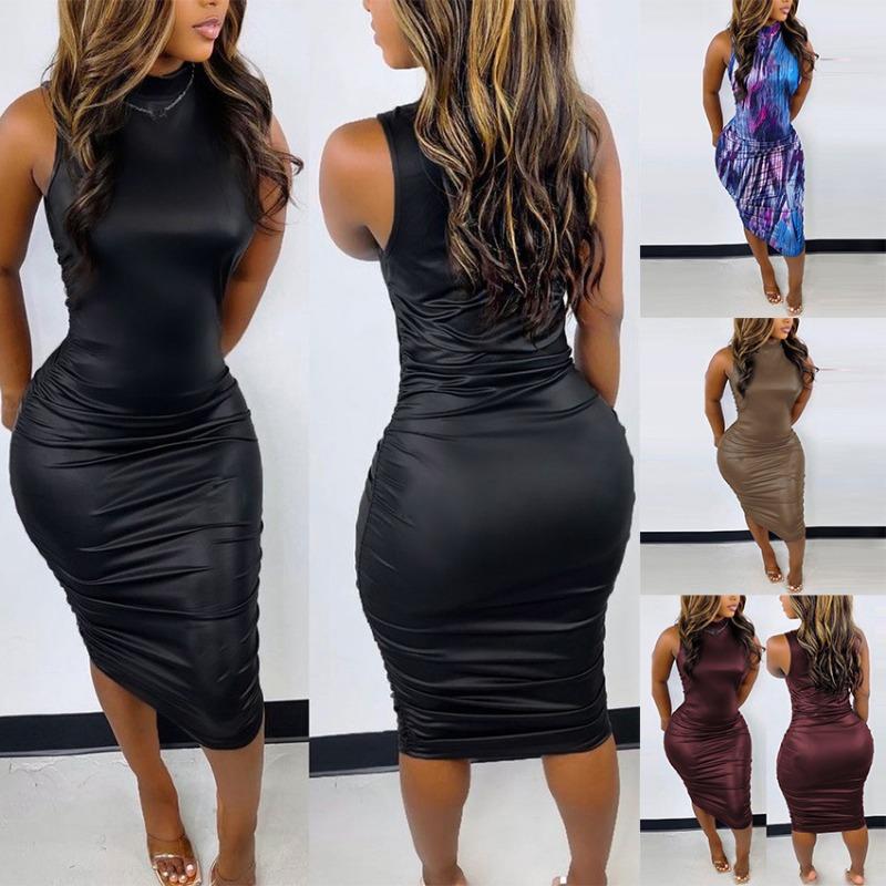 Summer Solid Color Casual Dress Women Round Neck Slim Midi Sleeveless Dress Women's