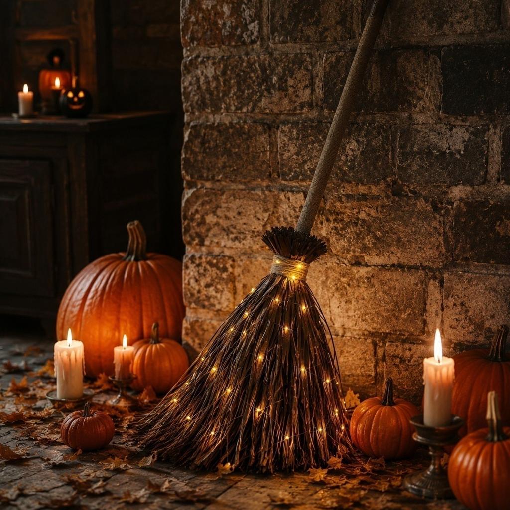 Halloween Light Up Witch Broomstick with LED String Lights for Holiday Party Indoor Outdoor Decoration Prop Requires Batteries