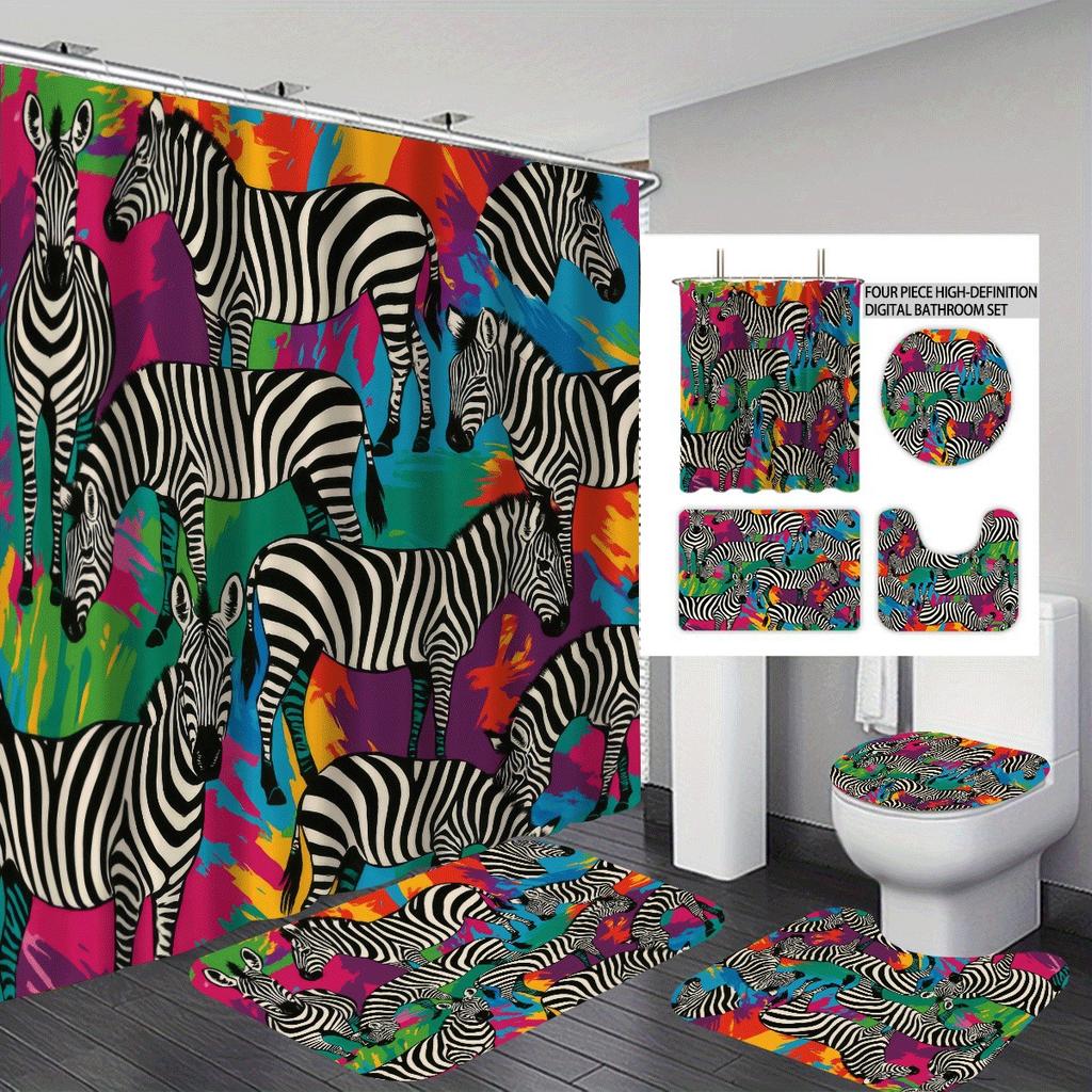 Bathroom Four-Piece Leopard 3D Digital Printing Shower Curtain Set Non-Slip Floor Mat
